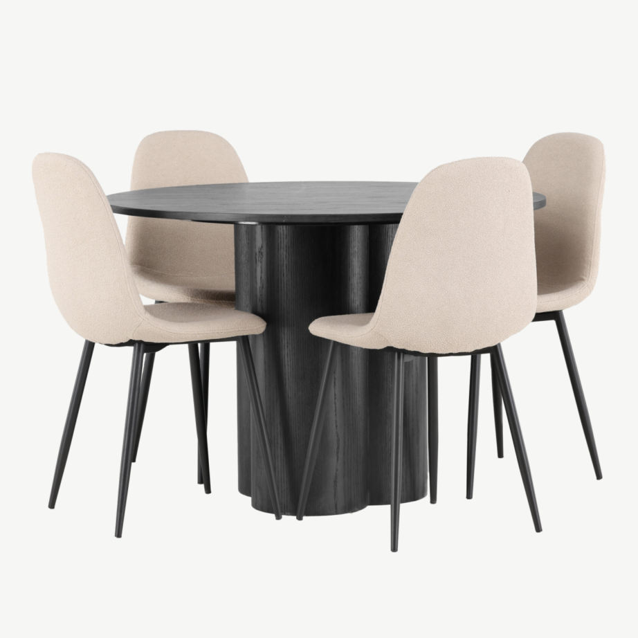 Ümmargune söögilaud Olivia (must MDF, ø110 cm) ja beežid buklee toolid Polar, GR23841