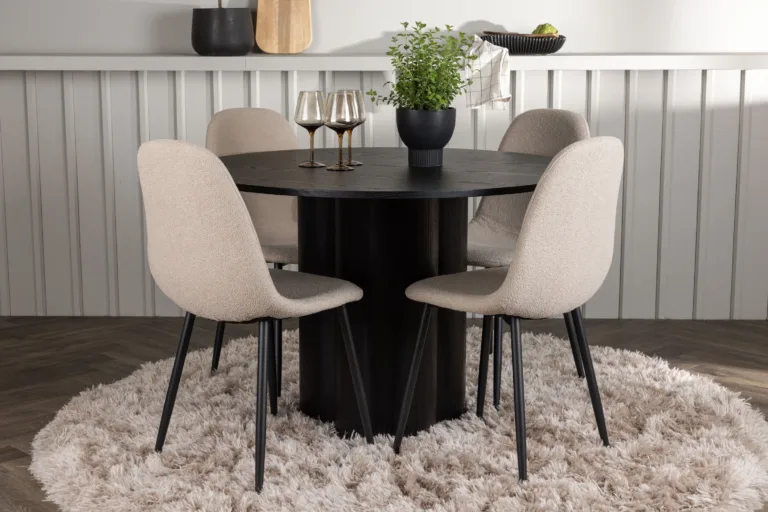 Ümmargune söögilaud Olivia (must MDF, ø110 cm) ja beežid buklee toolid Polar - GR23841