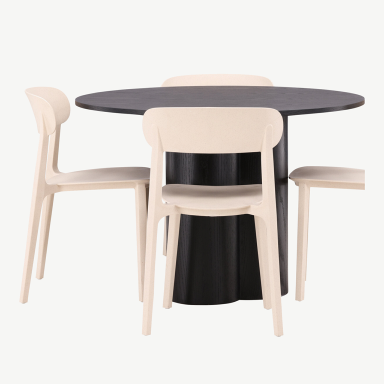 Ümmargune söögilaud Olivia (must MDF, ø110cm) ja beežid toolid Åstol - GR23113