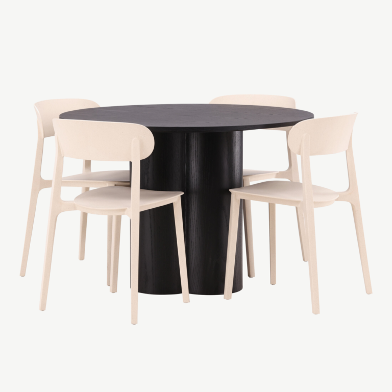 Ümmargune söögilaud Olivia (must MDF, ø110cm) ja beežid toolid Åstol - GR23113
