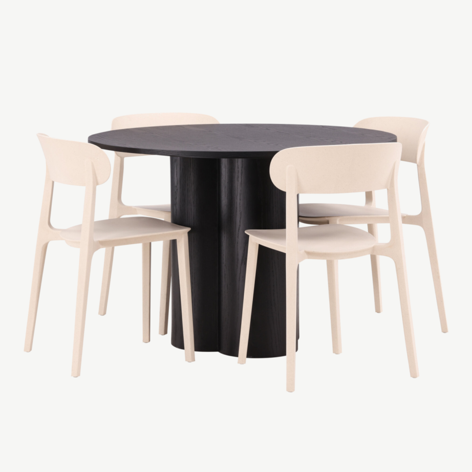 Ümmargune söögilaud Olivia (must MDF, ø110cm) ja beežid toolid Åstol, GR23113 – 4