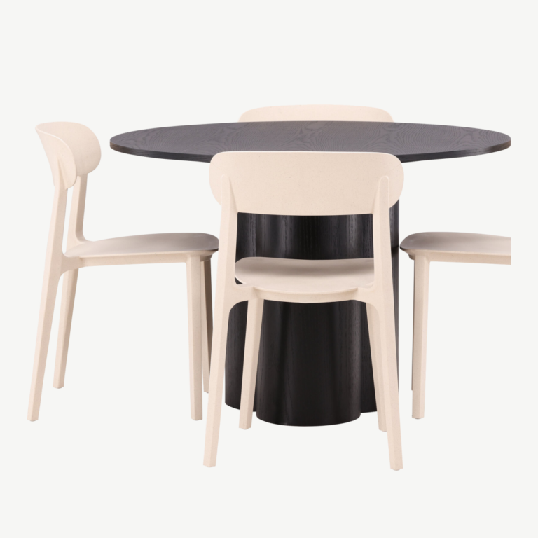 Ümmargune söögilaud Olivia (must MDF, ø110cm) ja beežid toolid Åstol - GR23113