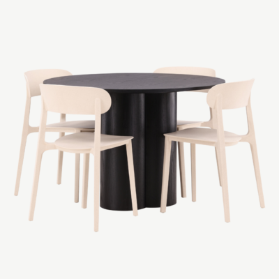 Ümmargune söögilaud Olivia (must MDF, ø110cm) ja beežid toolid Åstol - GR23113