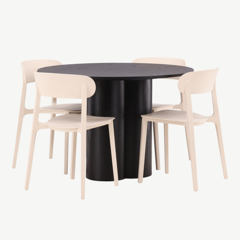 Ümmargune söögilaud Olivia (must MDF, ø110cm) ja beežid toolid Åstol - GR23113