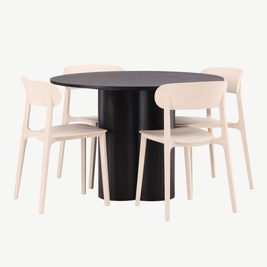 Ümmargune söögilaud Olivia (must MDF, ø110cm) ja beežid toolid Åstol, GR23113 – 6