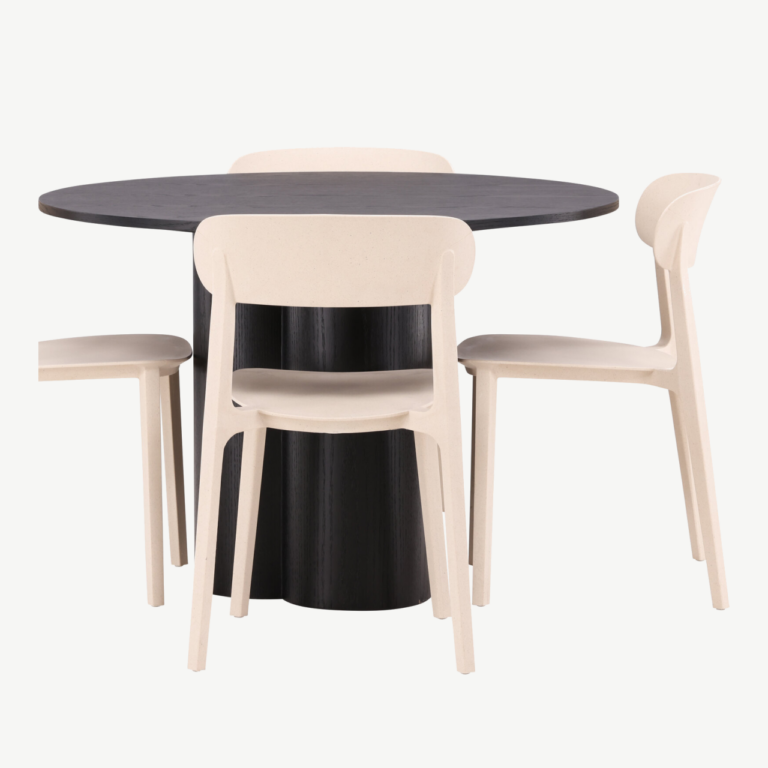 Ümmargune söögilaud Olivia (must MDF, ø110cm) ja beežid toolid Åstol - GR23113