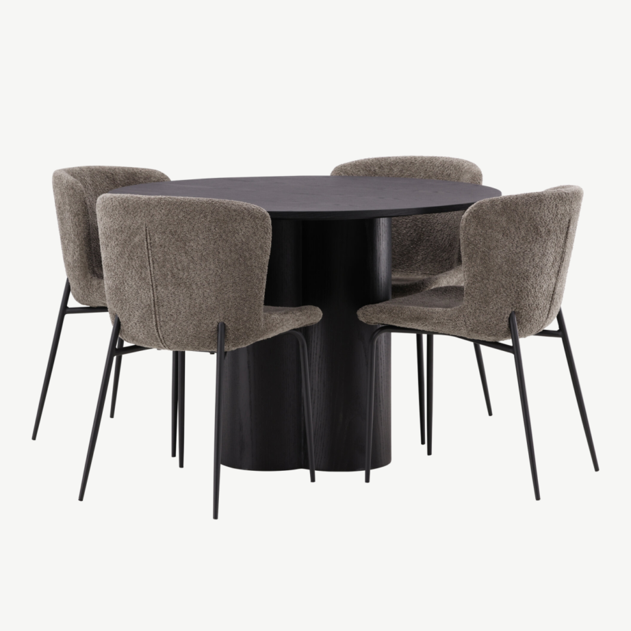 Ümmargune söögilaud Olivia must MDF + Modesto buklee kangaga tool (hall, musta raamiga), GR23104 – 3