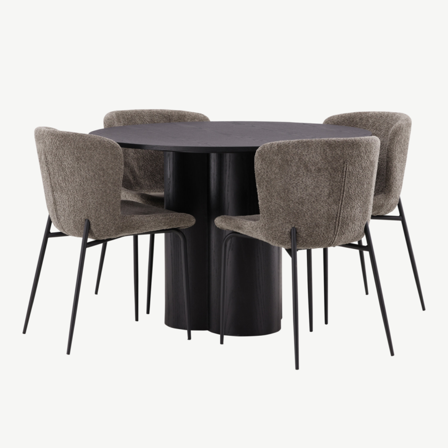 Ümmargune söögilaud Olivia must MDF + Modesto buklee kangaga tool (hall, musta raamiga), GR23104 – 4