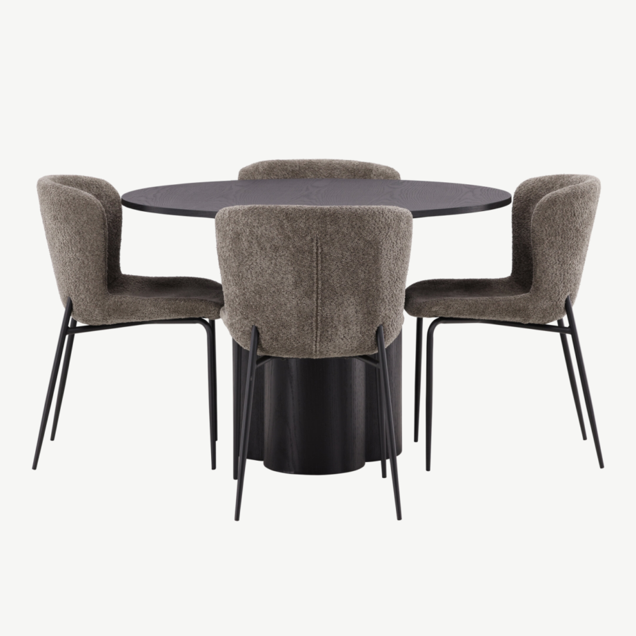 Ümmargune söögilaud Olivia must MDF + Modesto buklee kangaga tool (hall, musta raamiga), GR23104 – 5