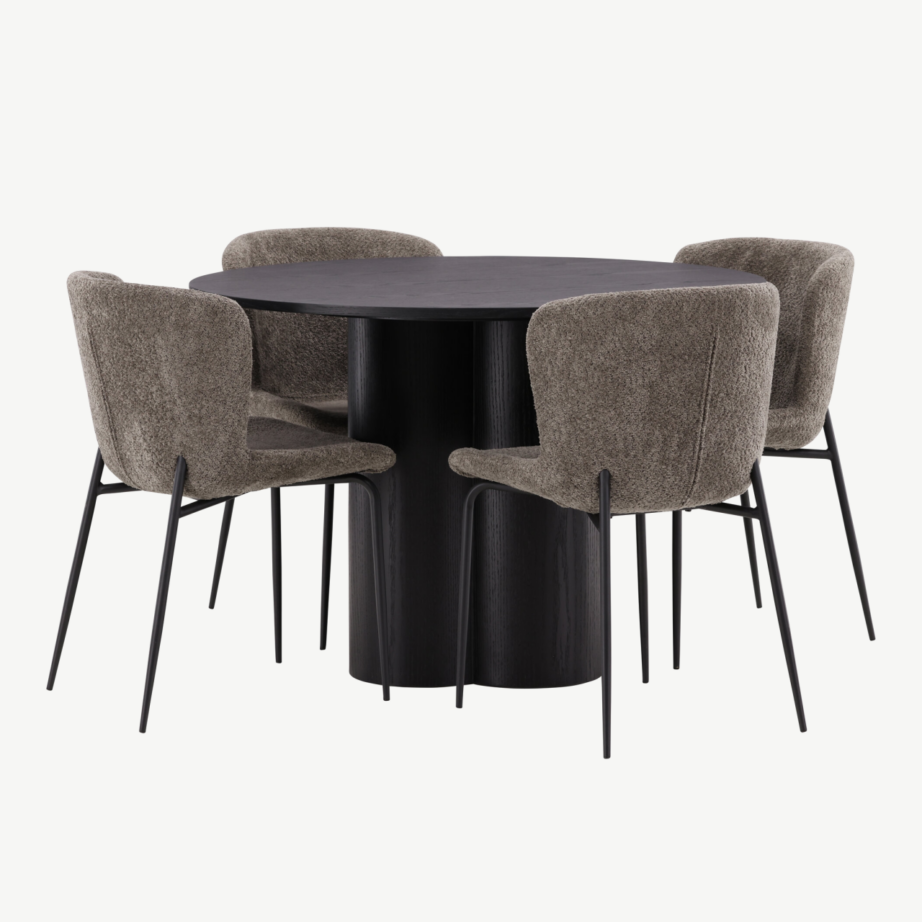 Ümmargune söögilaud Olivia must MDF + Modesto buklee kangaga tool (hall, musta raamiga), GR23104 – 6