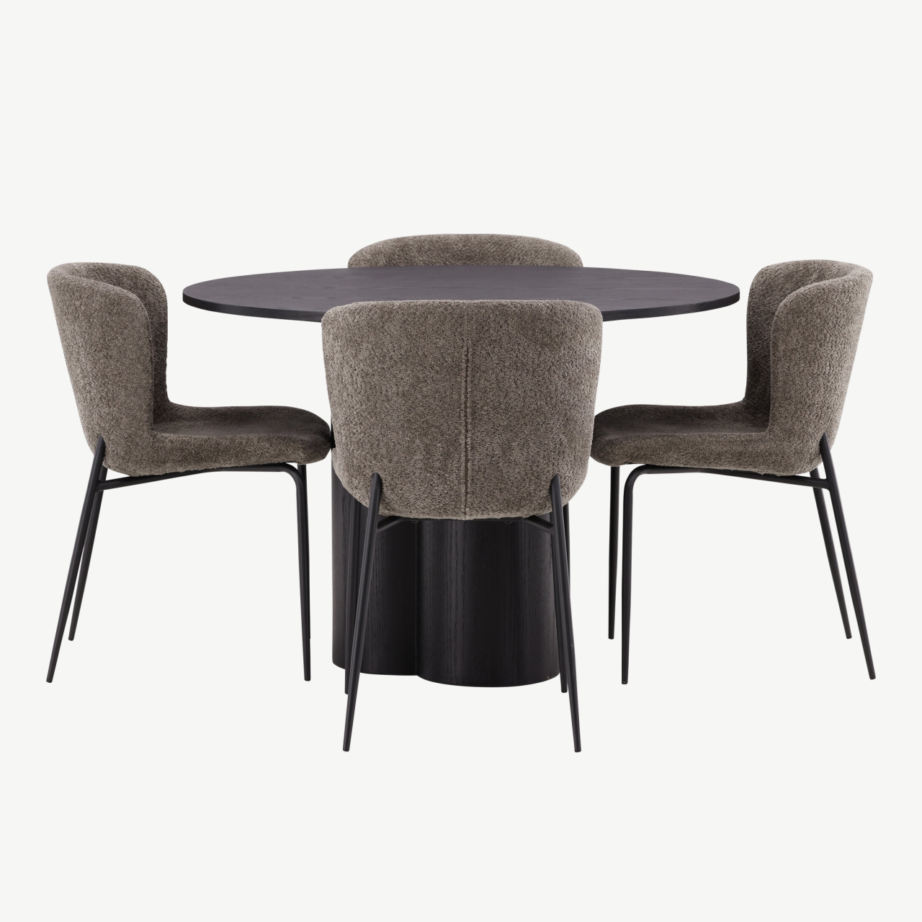 Ümmargune söögilaud Olivia must MDF + Modesto buklee kangaga tool (hall, musta raamiga), GR23104 – 7