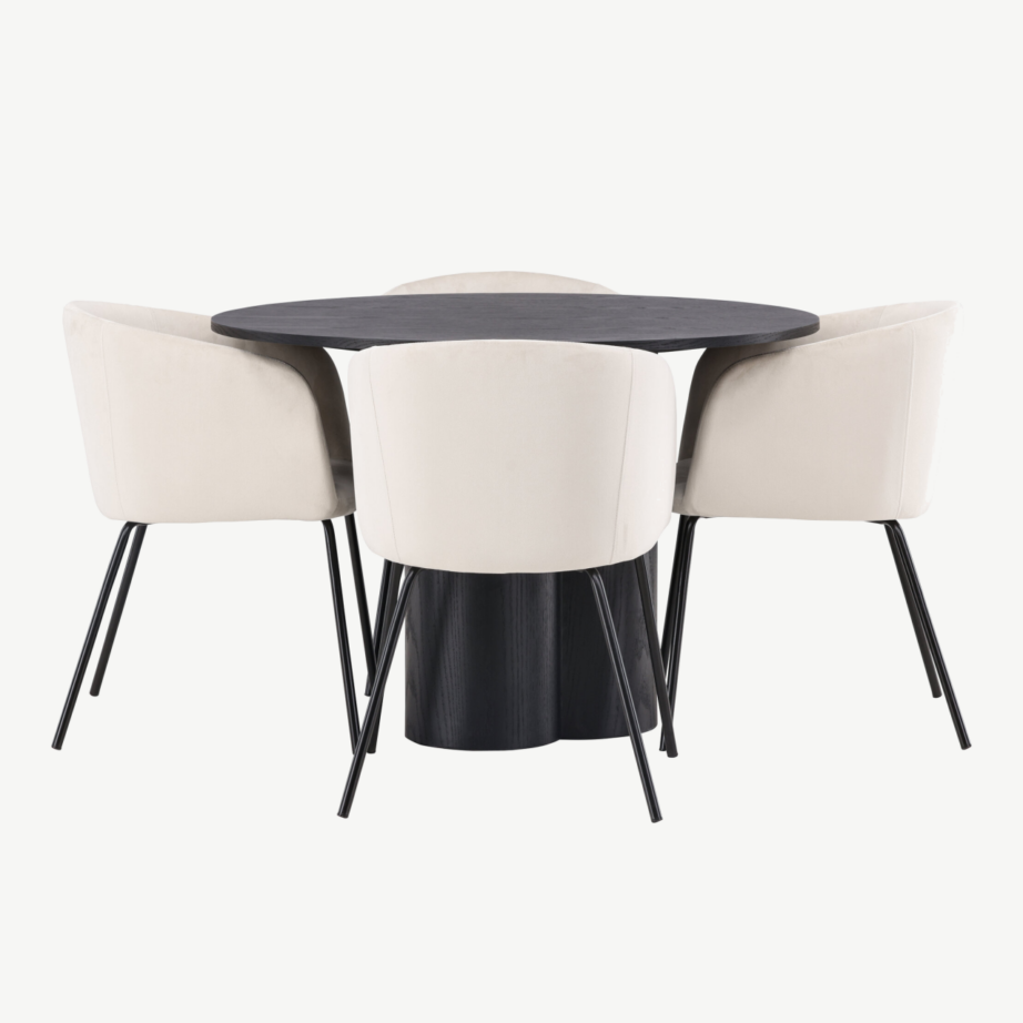 Ümmargune söögilaud Olivia musta MDF-plaadiga ja 4 beeži sametkattega tooli, GR22890 – 2