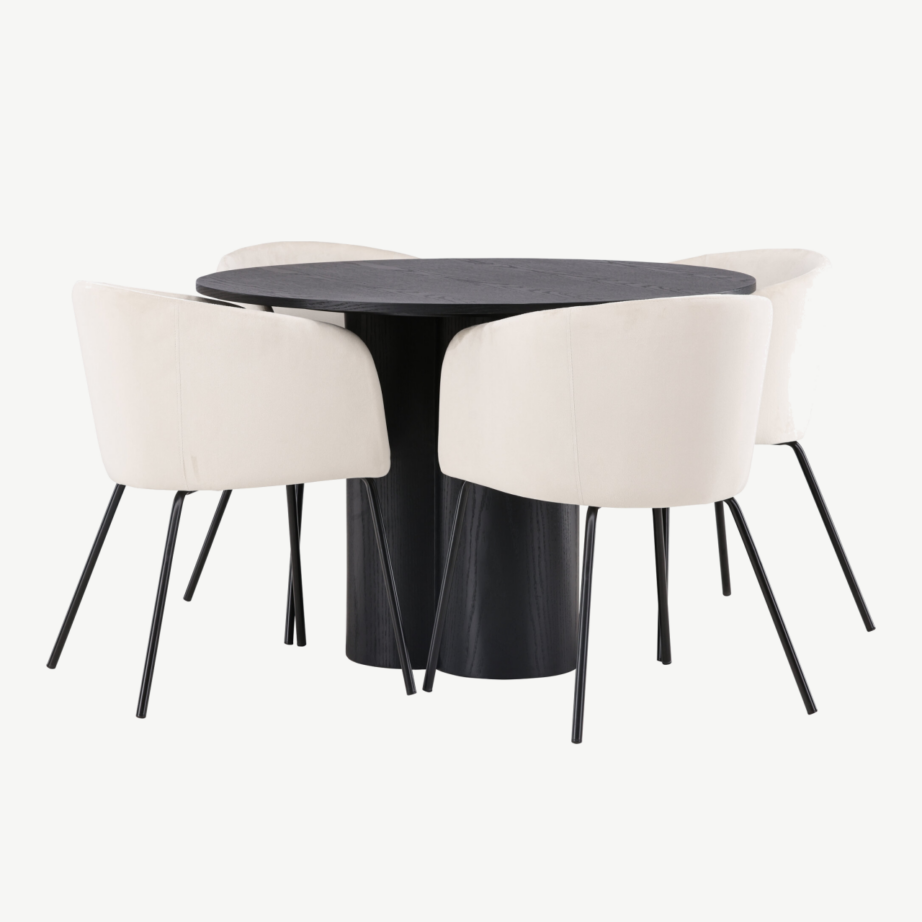 Ümmargune söögilaud Olivia musta MDF-plaadiga ja 4 beeži sametkattega tooli, GR22890 – 4