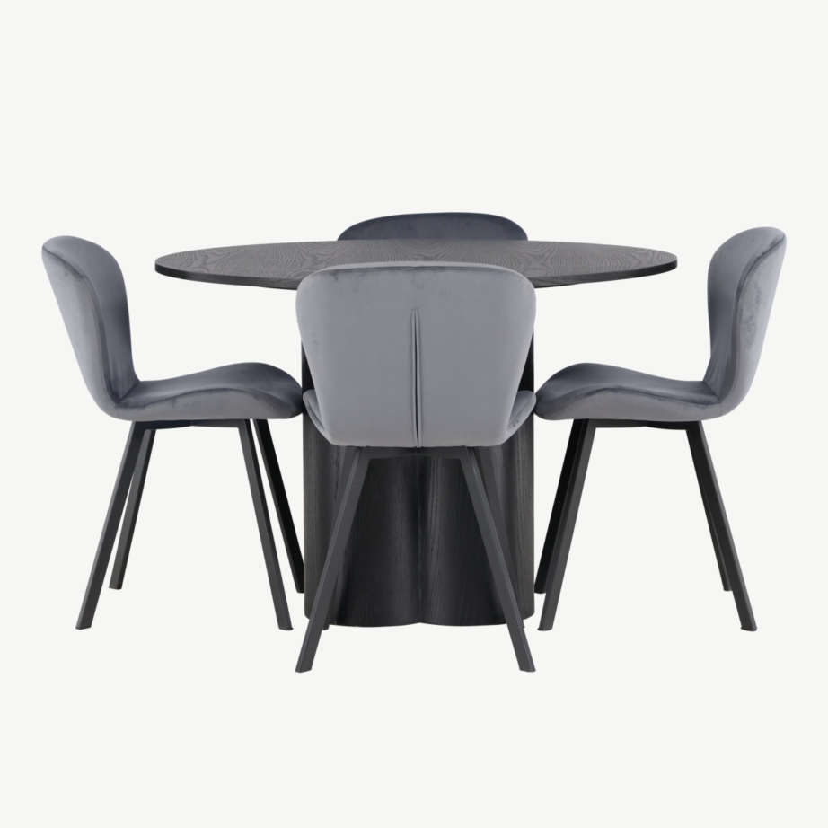Ümmargune söögilaud Olivia musta viimistlusega ja hallid polsterdatud Lilja toolid, GR23840 – 2
