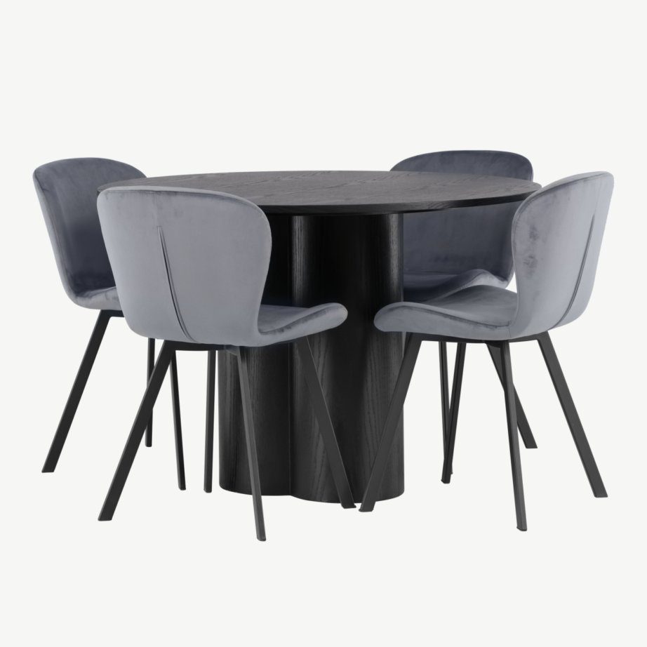 Ümmargune söögilaud Olivia musta viimistlusega ja hallid polsterdatud Lilja toolid, GR23840 – 3