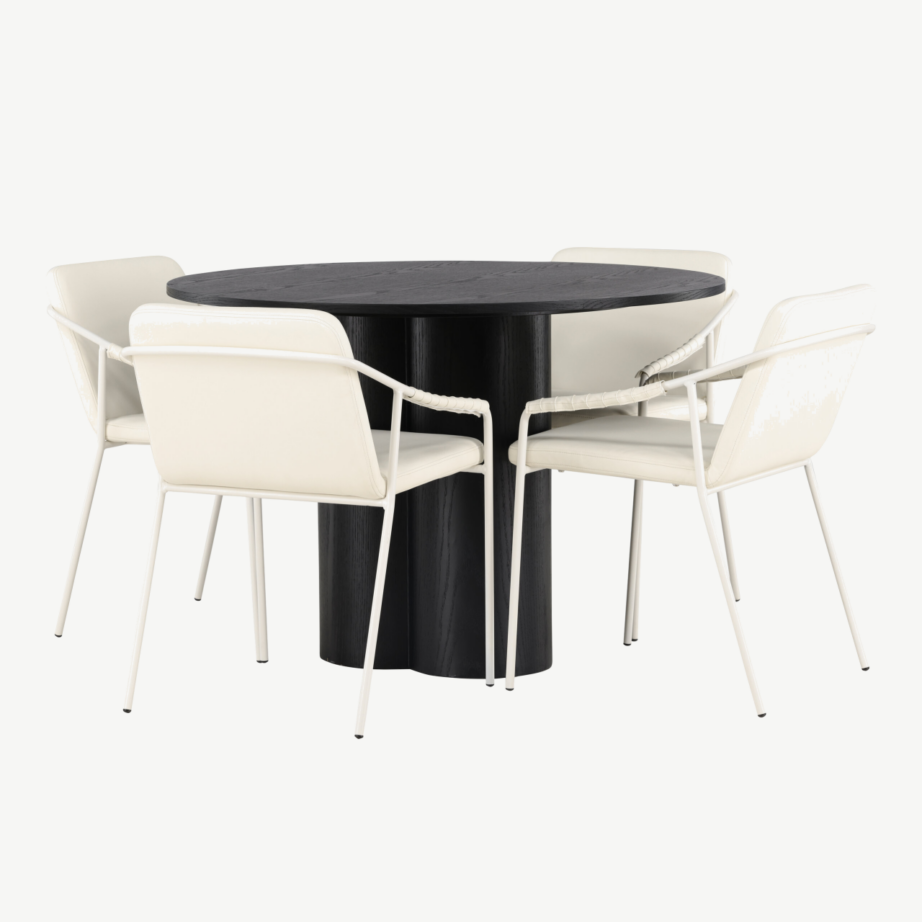 Ümmargune söögilaud Olivia musta vineeriga ja beežid terastoolid Tvist, GR23831 – 3