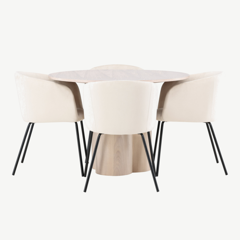 Ümmargune söögilaud Olivia valge peitsiga, 110 cm + polsterdatud söögitool Berit (beež samet, mustad jalad), GR22872 – 2