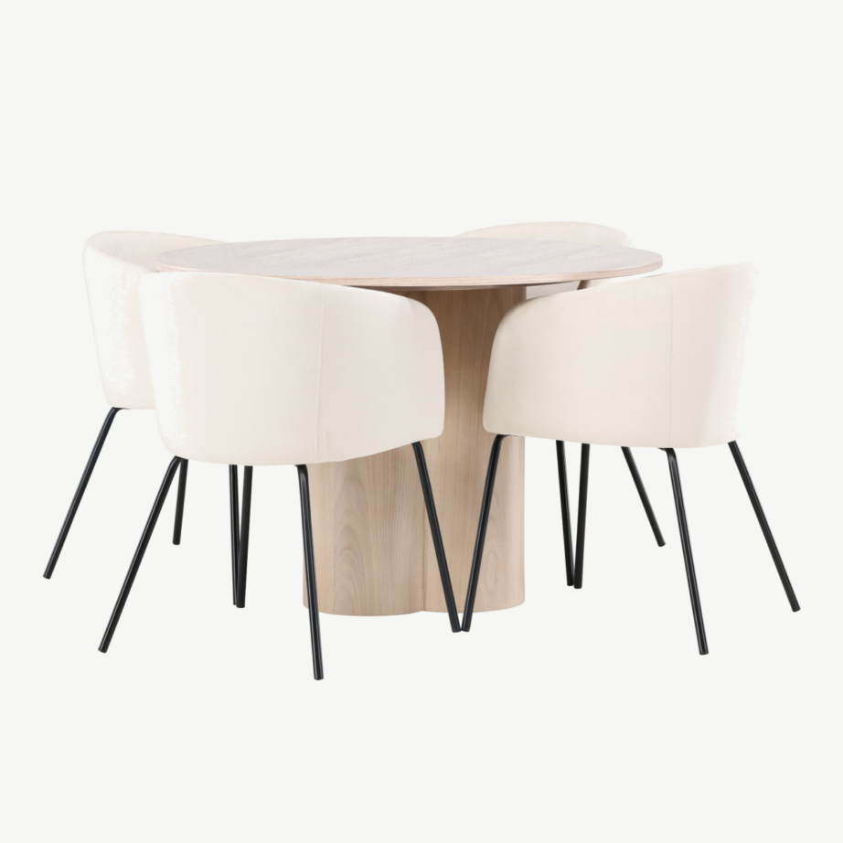 Ümmargune söögilaud Olivia valge peitsiga, 110 cm + polsterdatud söögitool Berit (beež samet, mustad jalad), GR22872 – 3