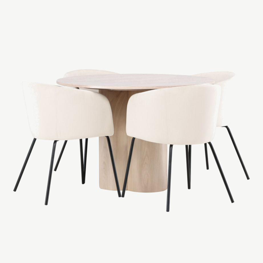 Ümmargune söögilaud Olivia valge peitsiga, 110 cm + polsterdatud söögitool Berit (beež samet, mustad jalad), GR22872 – 4