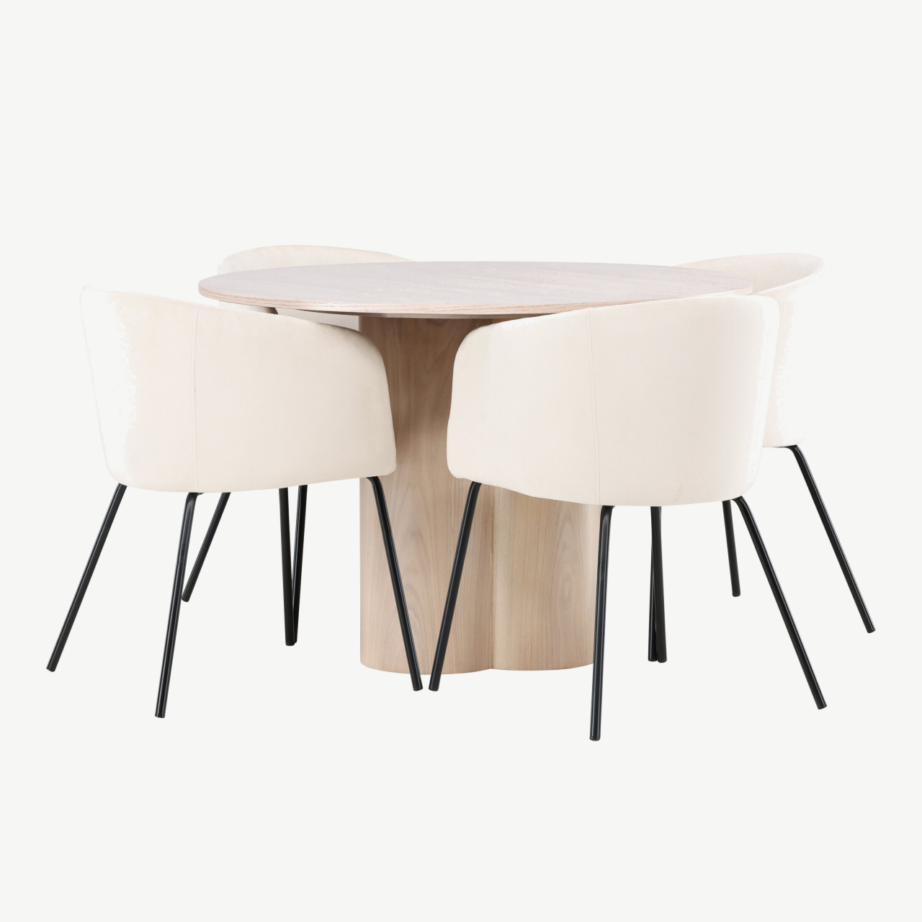 Ümmargune söögilaud Olivia valge peitsiga, 110 cm + polsterdatud söögitool Berit (beež samet, mustad jalad), GR22872 – 6