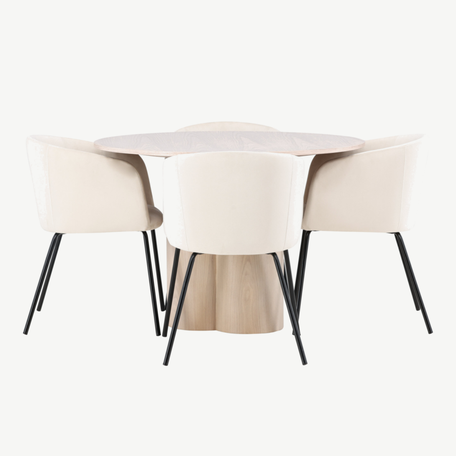 Ümmargune söögilaud Olivia valge peitsiga, 110 cm + polsterdatud söögitool Berit (beež samet, mustad jalad), GR22872 – 7