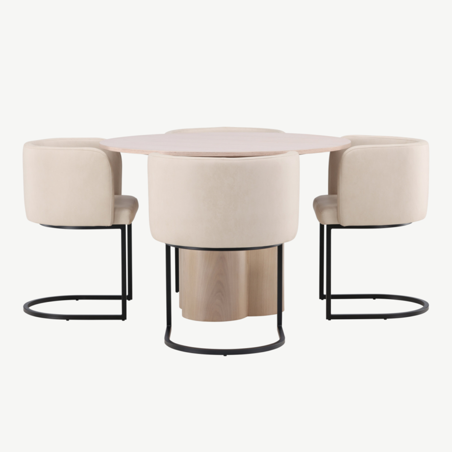 Ümmargune söögilaud Olivia valge peitsiga, 4 beeži polsterdatud Simrishamn tooli, GR23073 – 2