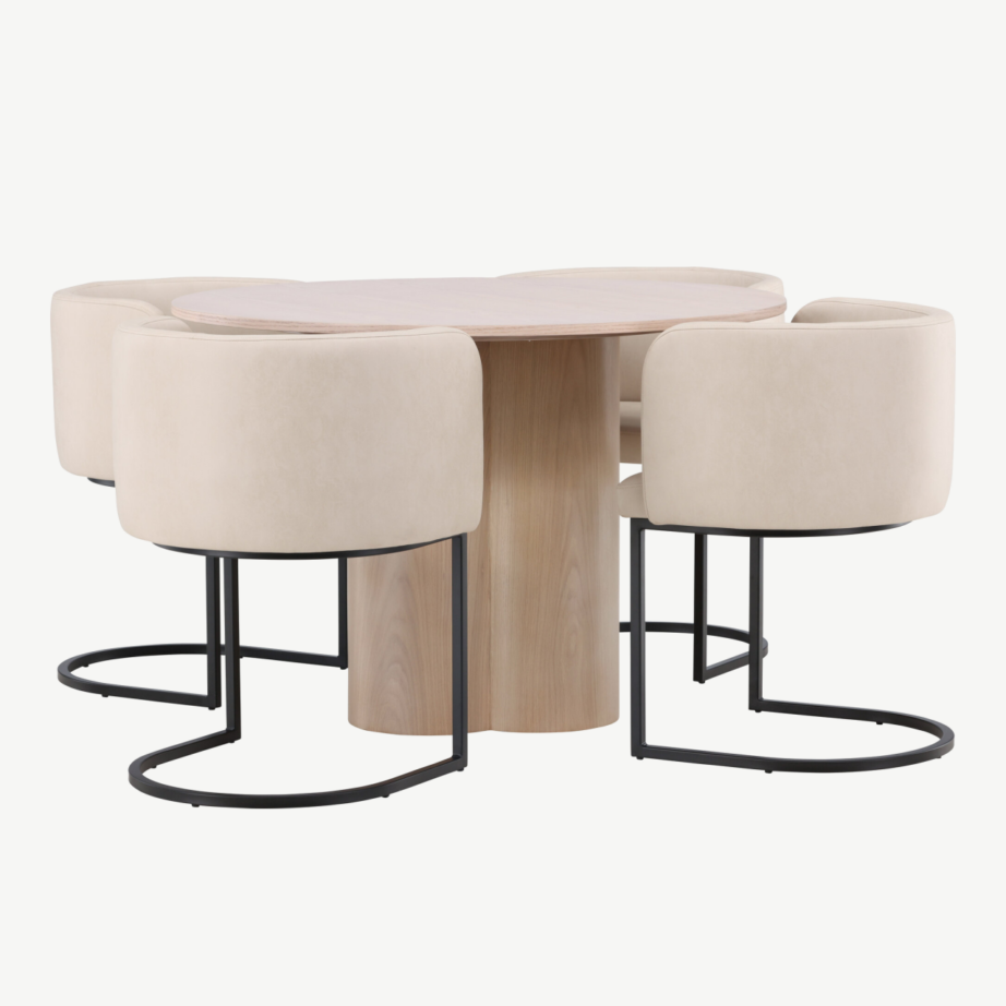 Ümmargune söögilaud Olivia valge peitsiga, 4 beeži polsterdatud Simrishamn tooli, GR23073 – 3