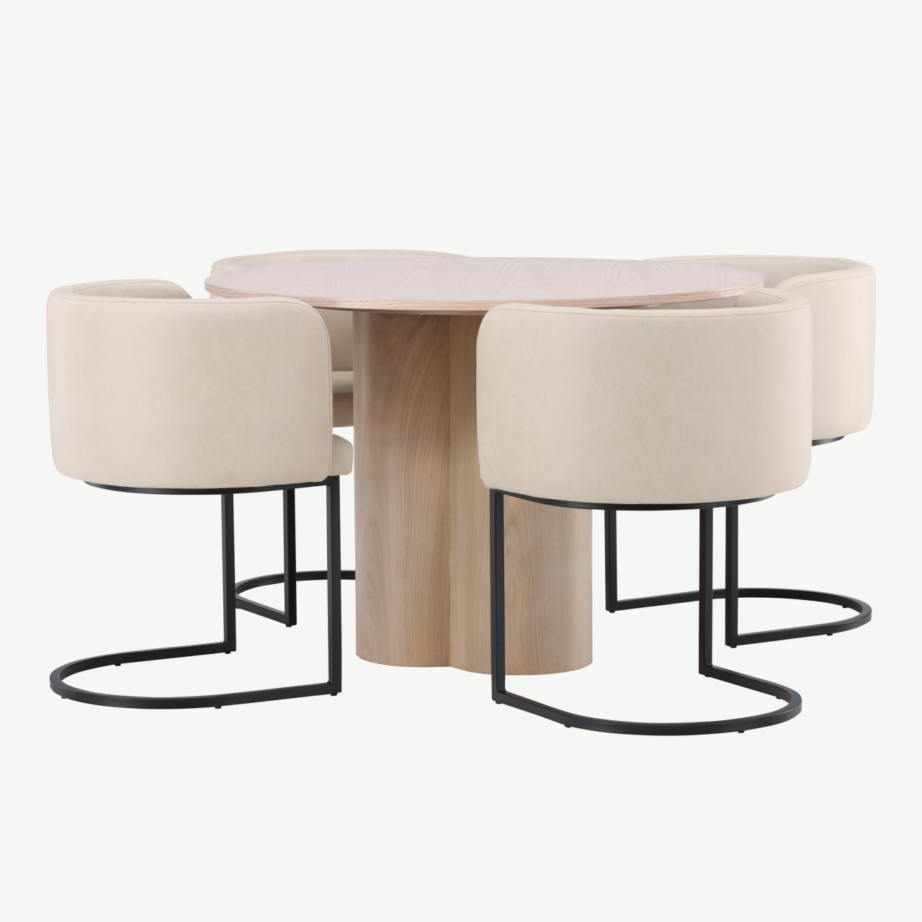 Ümmargune söögilaud Olivia valge peitsiga, 4 beeži polsterdatud Simrishamn tooli, GR23073 – 4