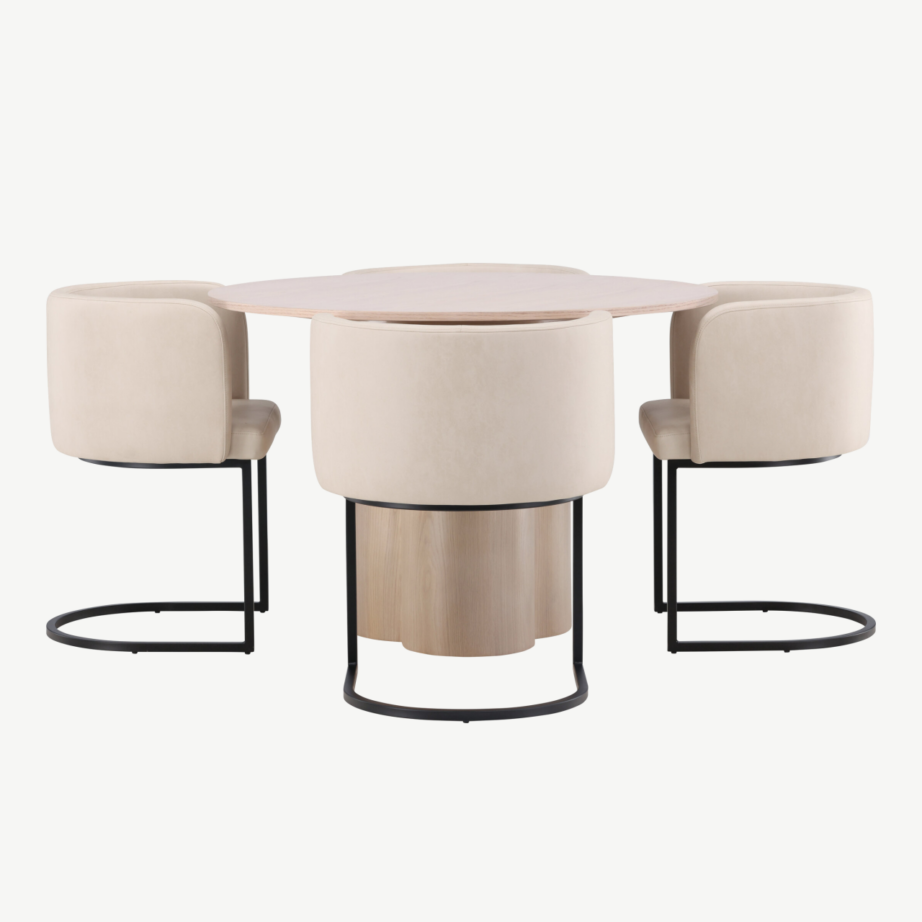 Ümmargune söögilaud Olivia valge peitsiga, 4 beeži polsterdatud Simrishamn tooli, GR23073 – 5