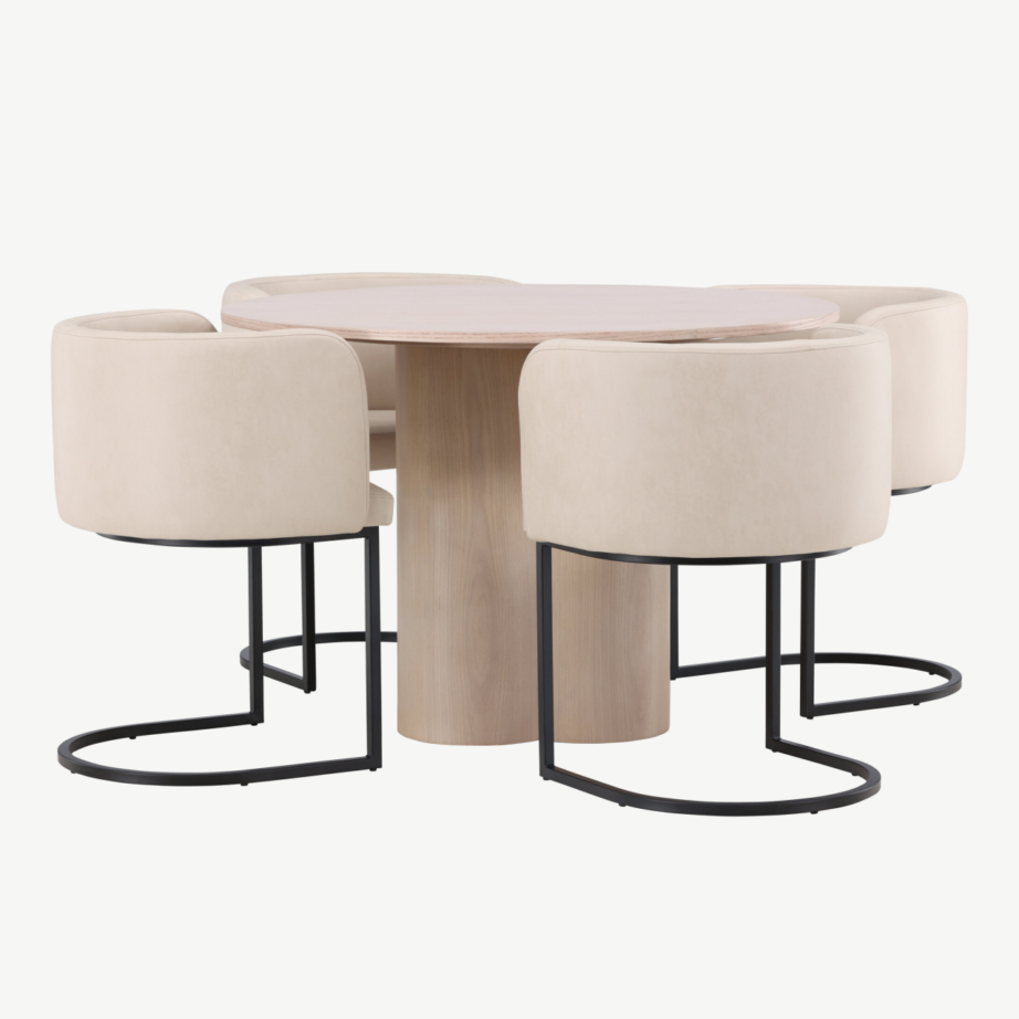 Ümmargune söögilaud Olivia valge peitsiga, 4 beeži polsterdatud Simrishamn tooli, GR23073 – 6