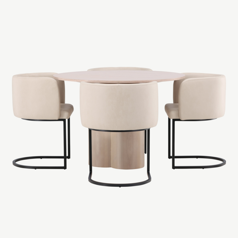 Ümmargune söögilaud Olivia valge peitsiga, 4 beeži polsterdatud Simrishamn tooli, GR23073 – 7