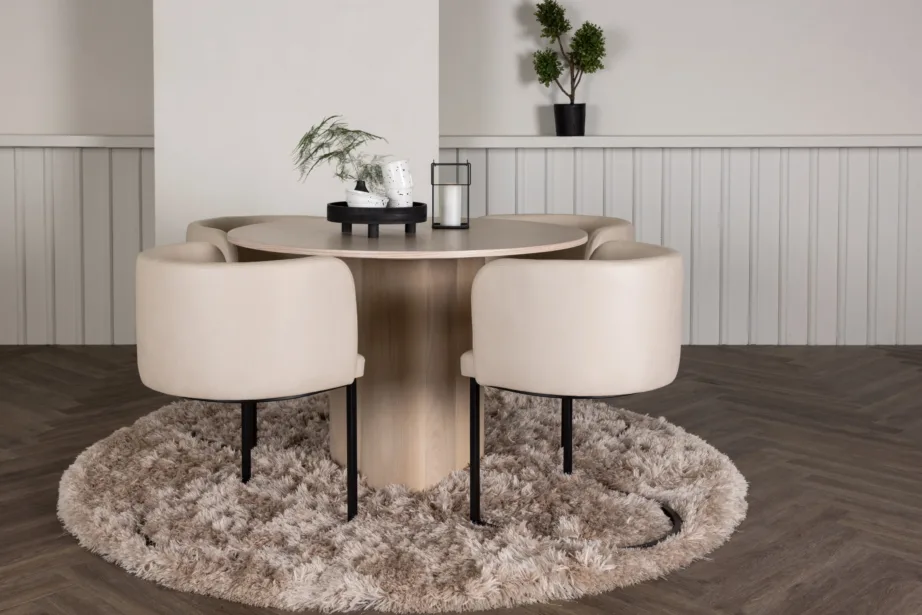 Ümmargune söögilaud Olivia valge peitsiga, 4 beeži polsterdatud Simrishamn tooli, GR23073 – 8