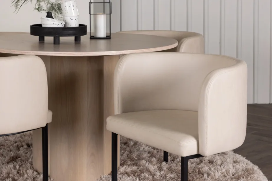 Ümmargune söögilaud Olivia valge peitsiga, 4 beeži polsterdatud Simrishamn tooli, GR23073 – 9