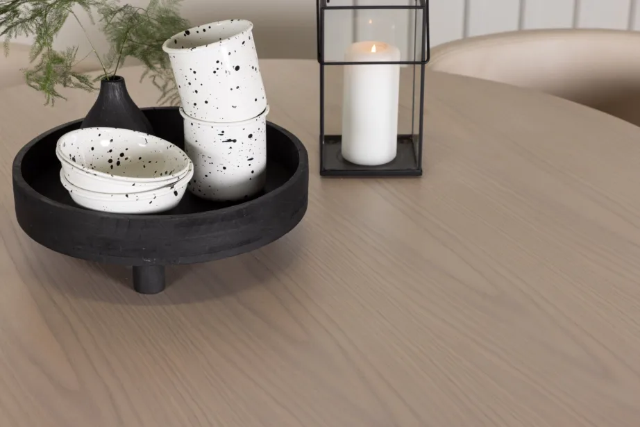 Ümmargune söögilaud Olivia valge peitsiga, 4 beeži polsterdatud Simrishamn tooli, GR23073 – 10