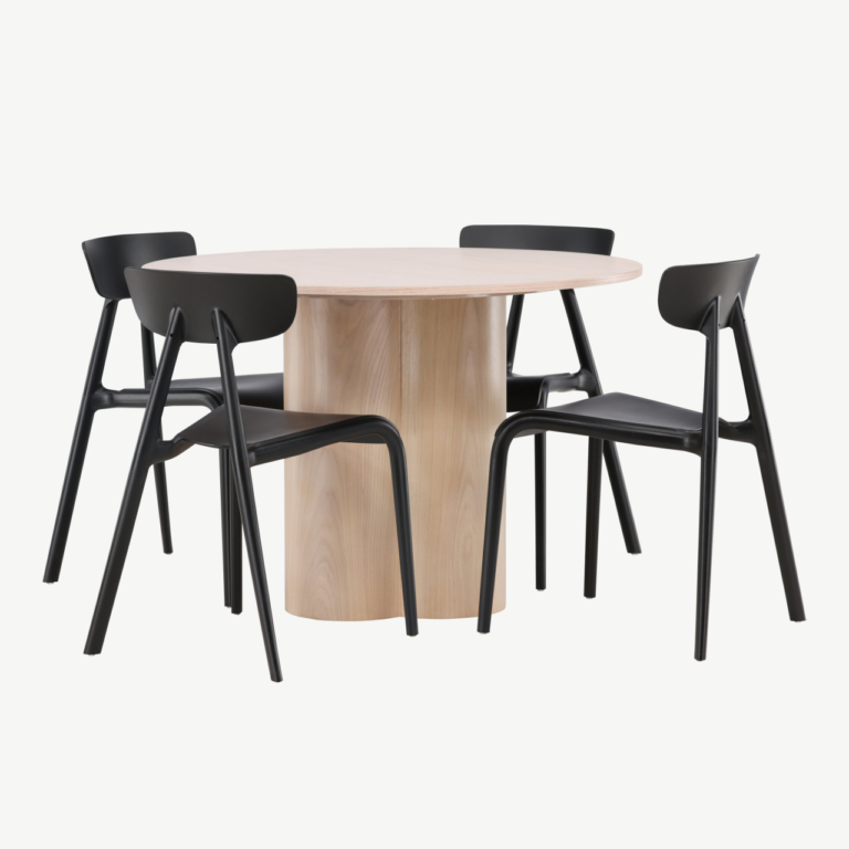 Ümmargune söögilaud Olivia valge peitsiga MDF, 4 musta plasttooliga - GR23075