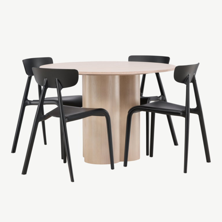 Ümmargune söögilaud Olivia valge peitsiga MDF, 4 musta plasttooliga - GR23075