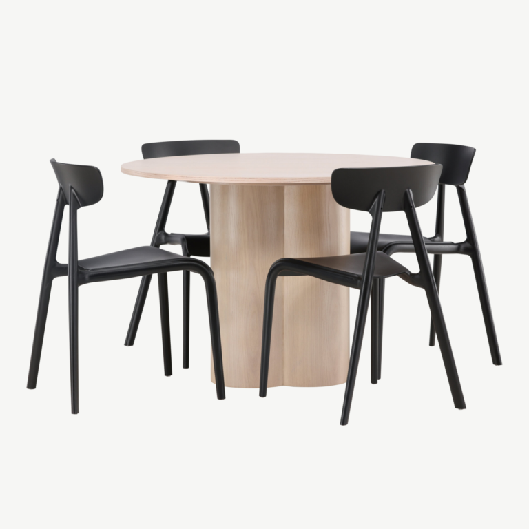 Ümmargune söögilaud Olivia valge peitsiga MDF, 4 musta plasttooliga - GR23075