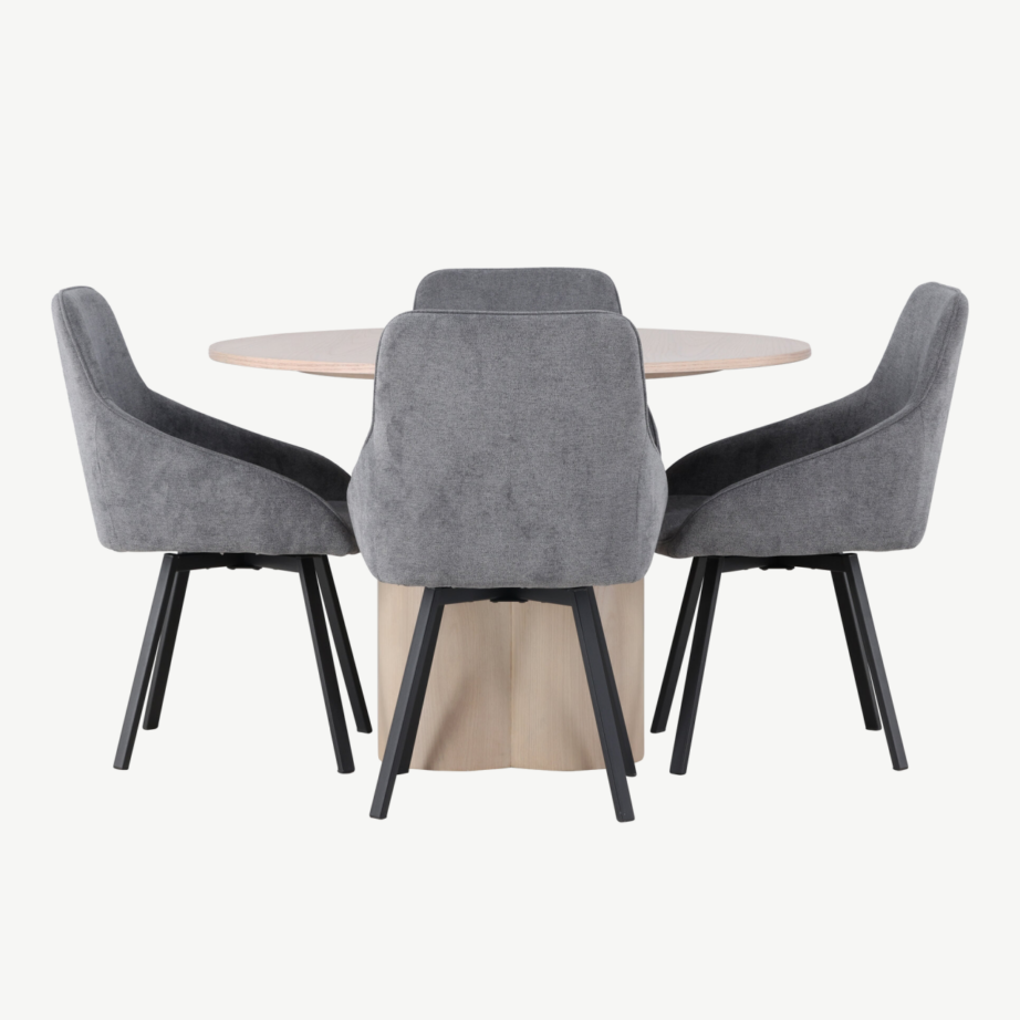 Ümmargune söögilaud Olivia valge peitsiga + hallid Rosie terastoolid, GR23805 – 2