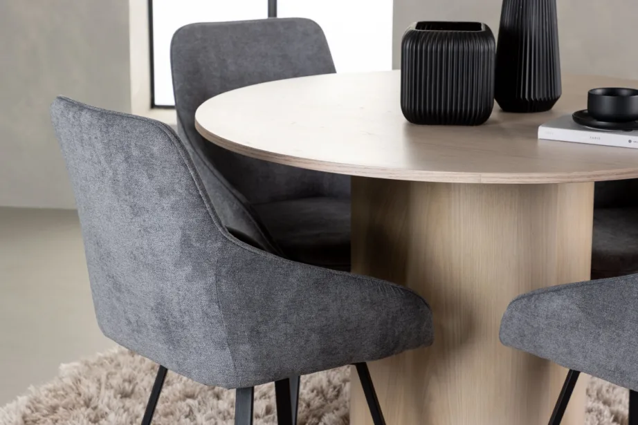 Ümmargune söögilaud Olivia valge peitsiga + hallid Rosie terastoolid, GR23805 – 5