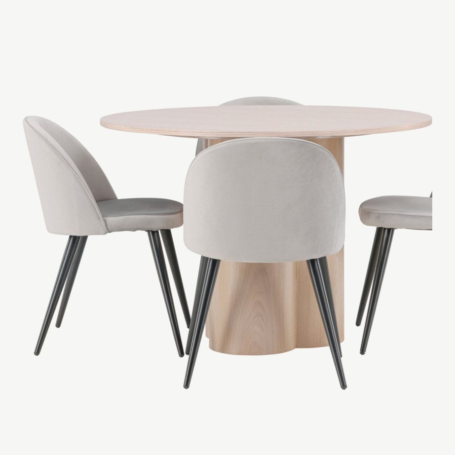 Ümmargune söögilaud Olivia valge peitsiga viimistluses ja hallid velvetist söögitoolid, GR22876 – 2