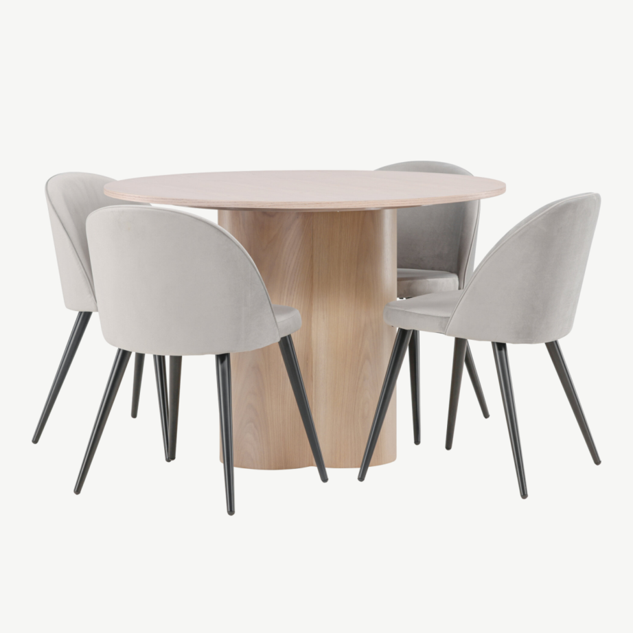 Ümmargune söögilaud Olivia valge peitsiga viimistluses ja hallid velvetist söögitoolid, GR22876 – 3