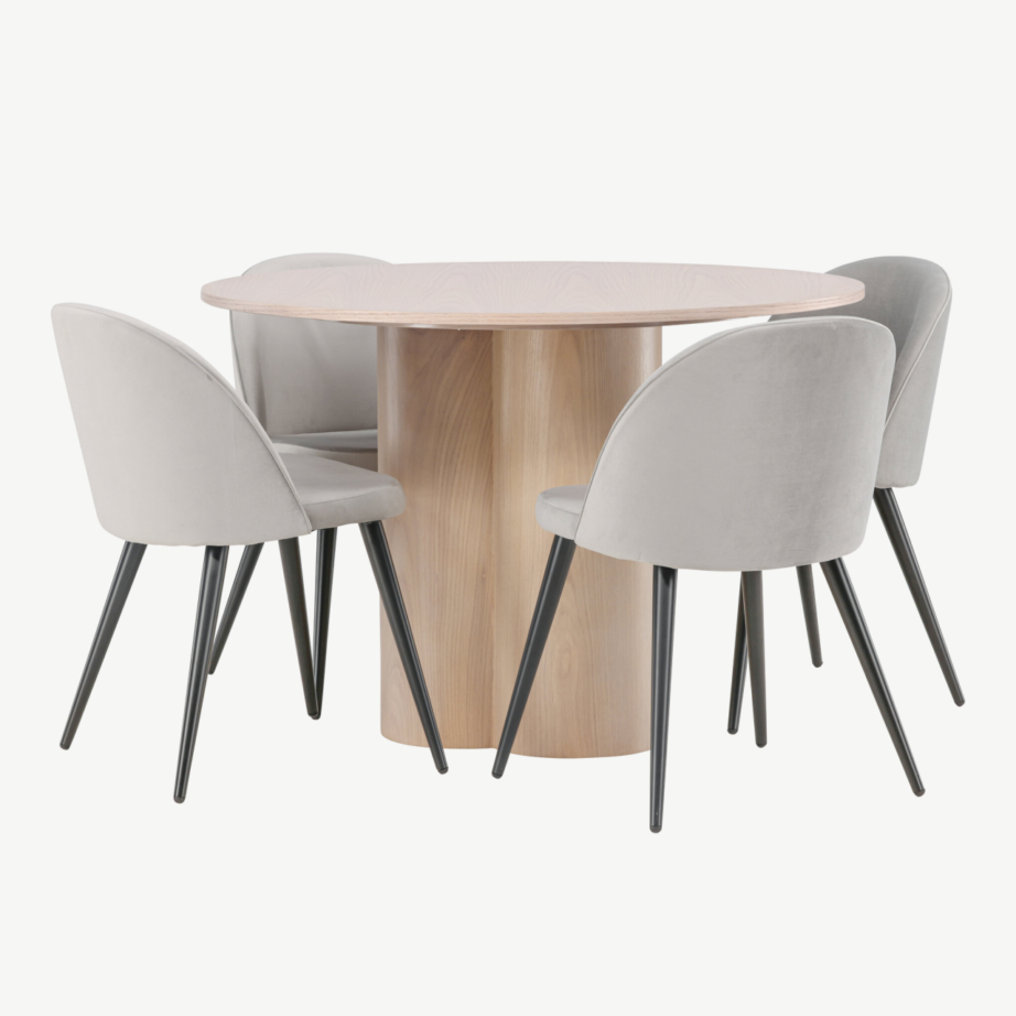 Ümmargune söögilaud Olivia valge peitsiga viimistluses ja hallid velvetist söögitoolid, GR22876 – 4