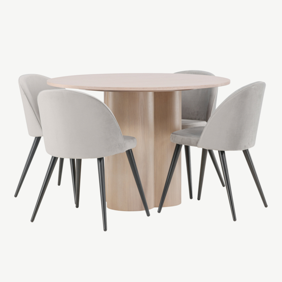 Ümmargune söögilaud Olivia valge peitsiga viimistluses ja hallid velvetist söögitoolid, GR22876 – 5