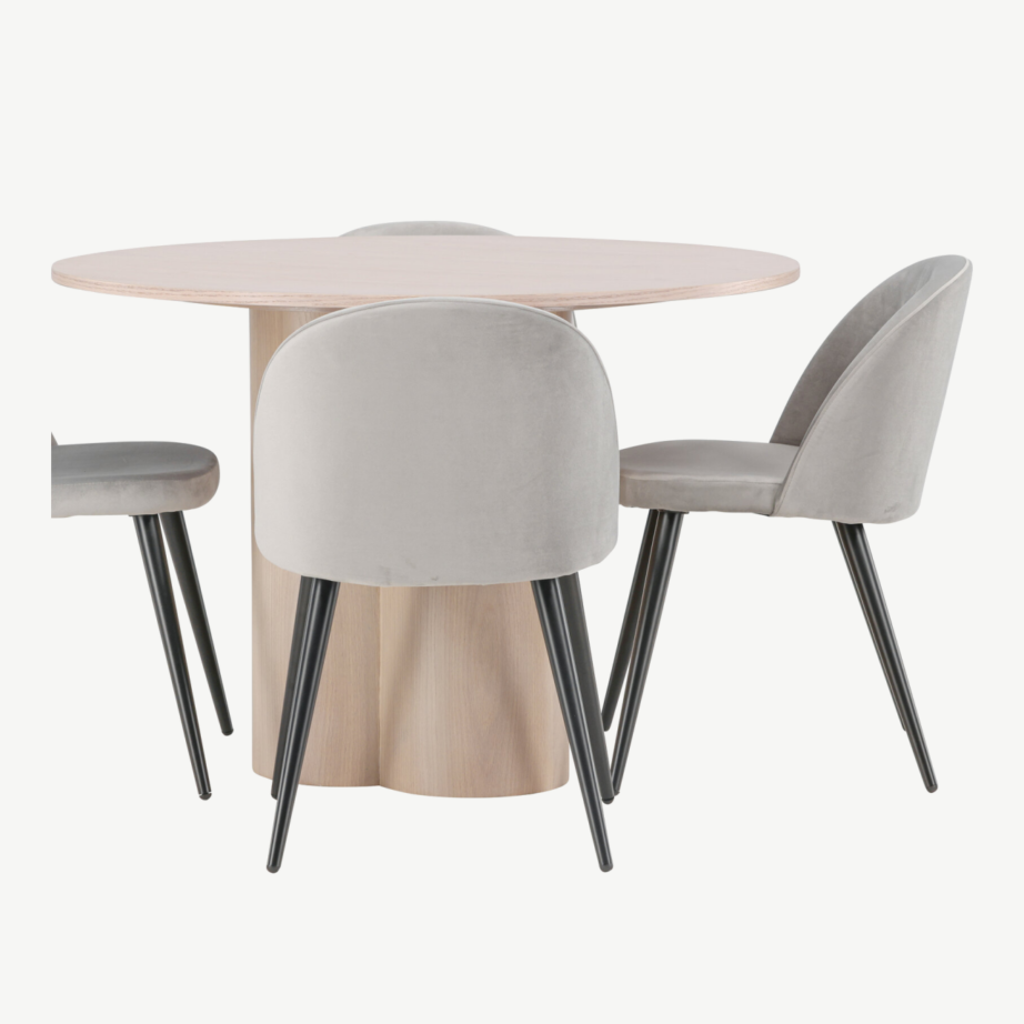 Ümmargune söögilaud Olivia valge peitsiga viimistluses ja hallid velvetist söögitoolid, GR22876 – 6