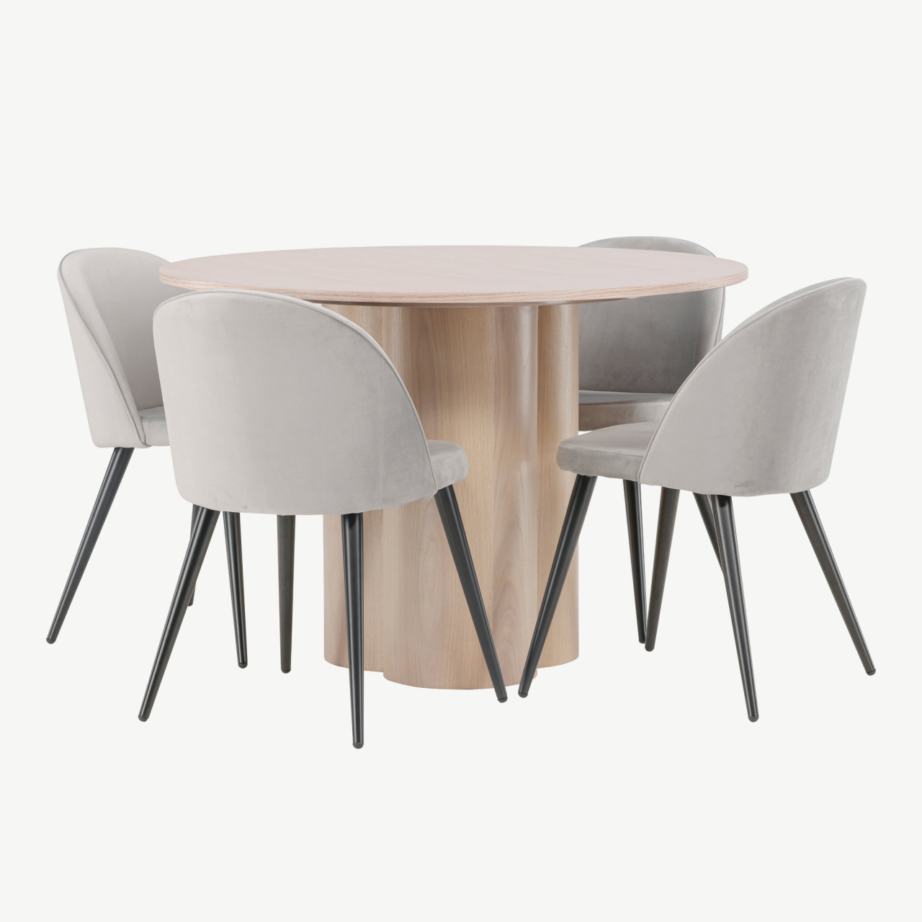 Ümmargune söögilaud Olivia valge peitsiga viimistluses ja hallid velvetist söögitoolid, GR22876 – 7