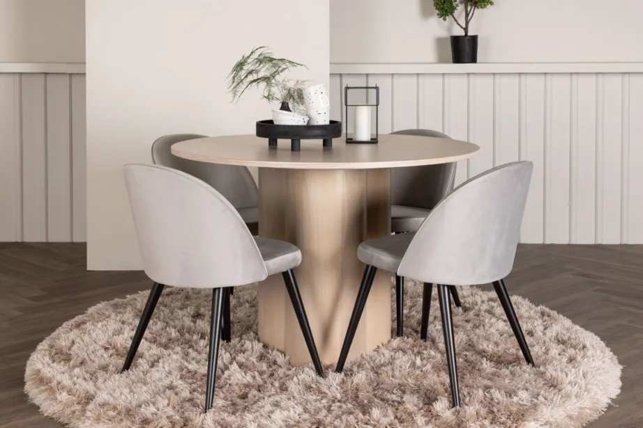 Ümmargune söögilaud Olivia valge peitsiga viimistluses ja hallid velvetist söögitoolid, GR22876 – 8