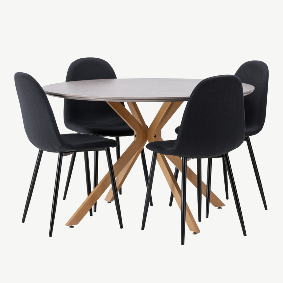 Ümmargune söögilaud Piazza (hall spraystone, ø120cm) ja mustad Polar söögitoolid, GR22955 – 6