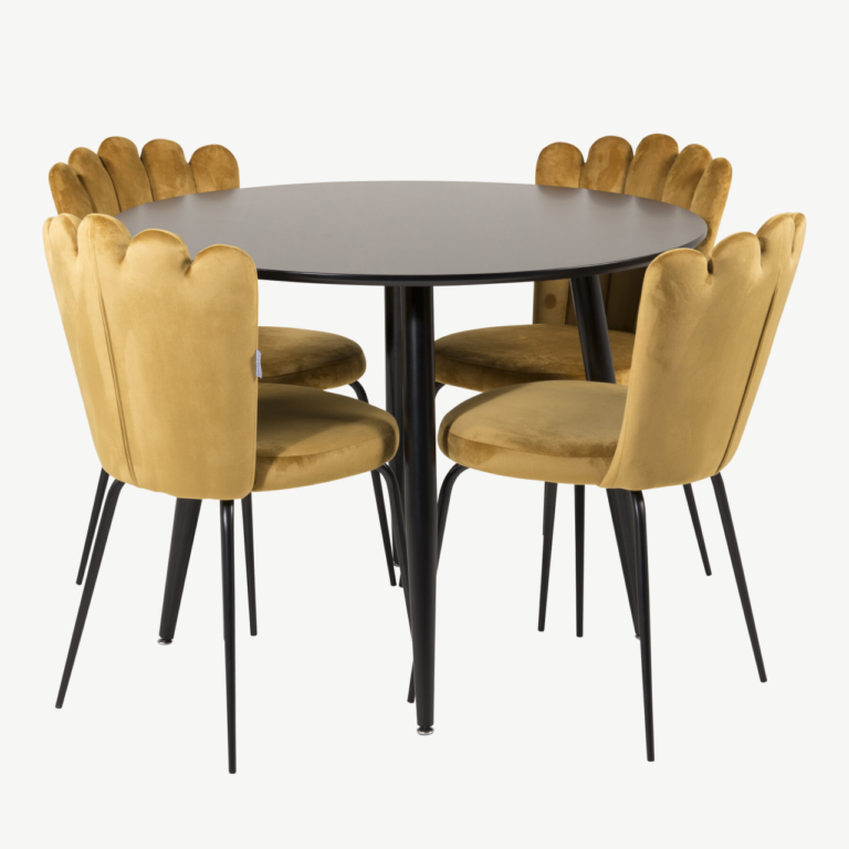 Ümmargune söögilaud Plaza ja kollased sametist Limhamn toolid (4 tk), must MDF ja metall - GR24133