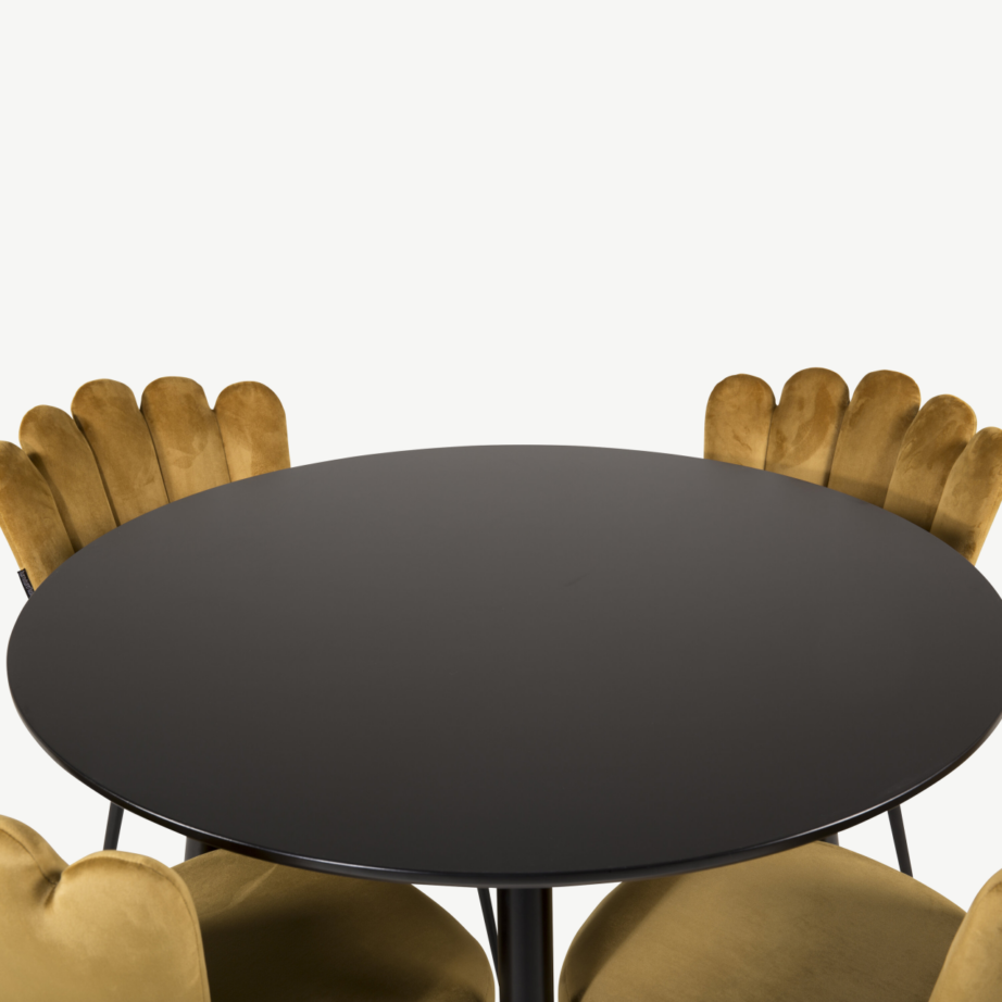 Ümmargune söögilaud Plaza ja kollased sametist Limhamn toolid (4 tk), must MDF ja metall, GR24133 – 4