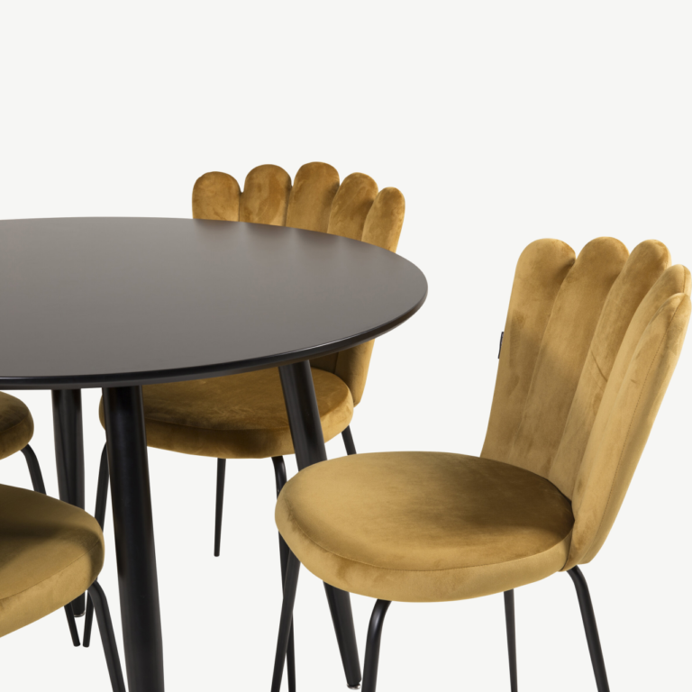 Ümmargune söögilaud Plaza ja kollased sametist Limhamn toolid (4 tk), must MDF ja metall - GR24133